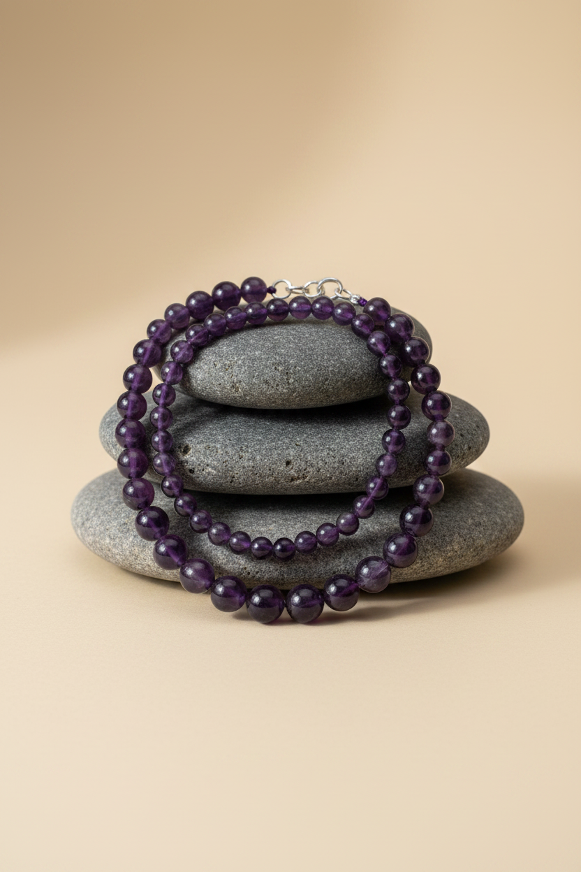 Natural Amethyst Round Beads Mala Necklace | Genuine Gemstone