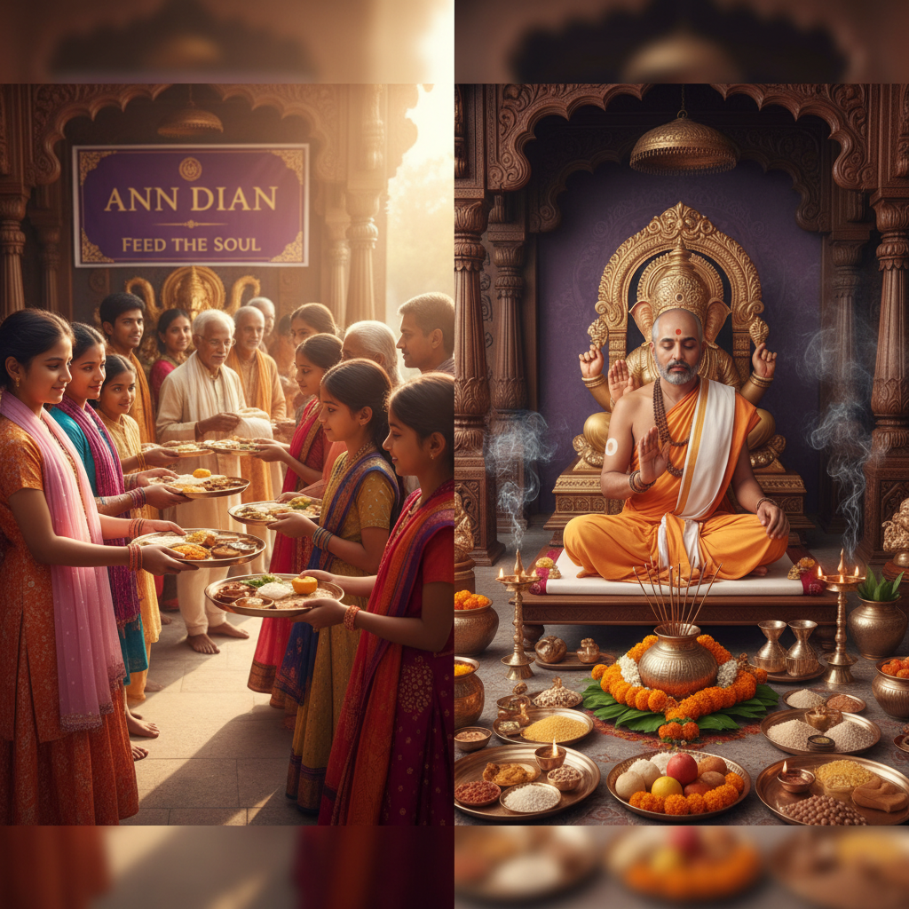 Ann Daan, childrens doing, seprate column pandit doing puja, square img