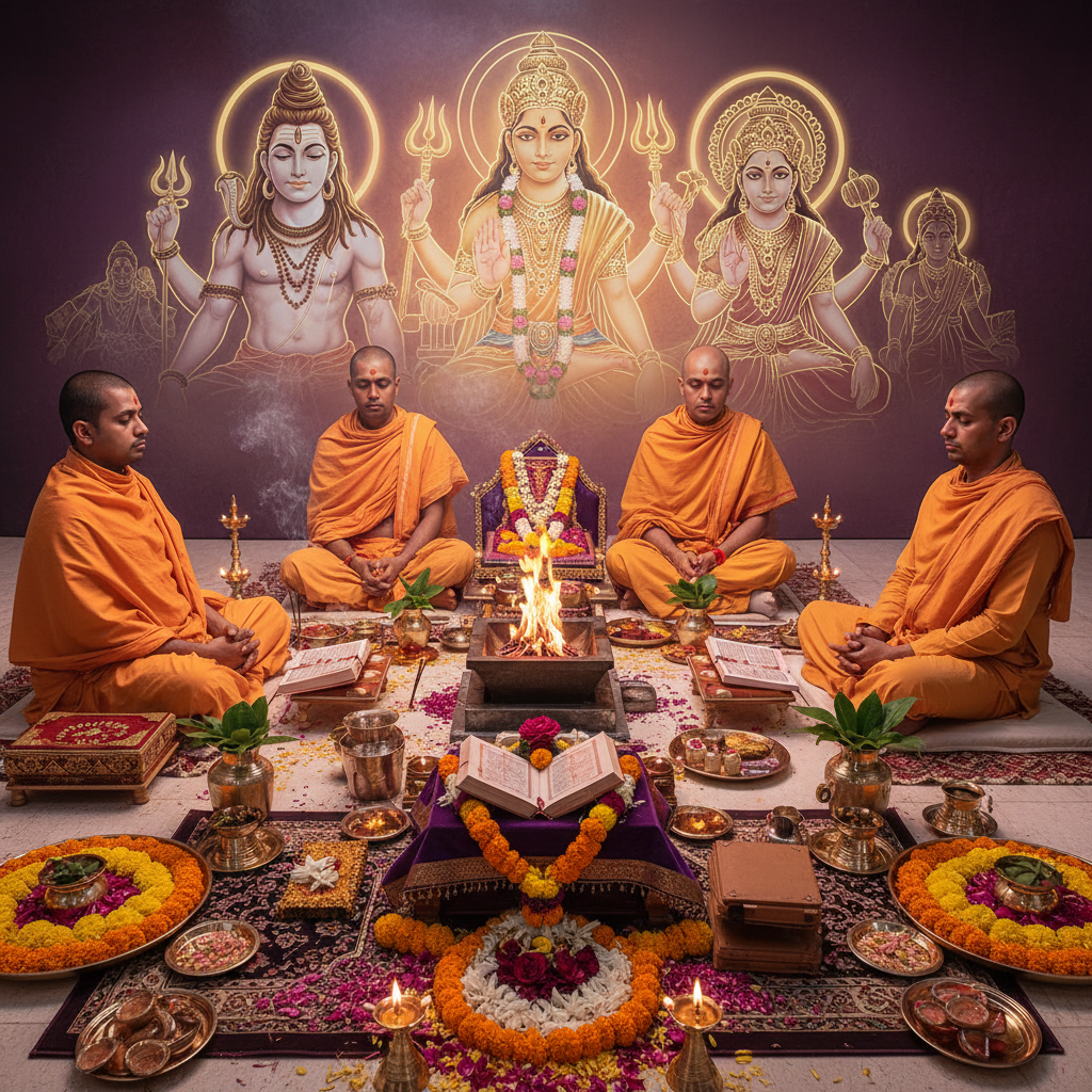 Arisht Gun Dosha Nivaran Puja, “Square image of Puja with specific Lord visuals glowing in the background, 4–6 pandits sitting and performing pooja around a havan kund, traditional setup, spiritual atmosphere, high-quality.”