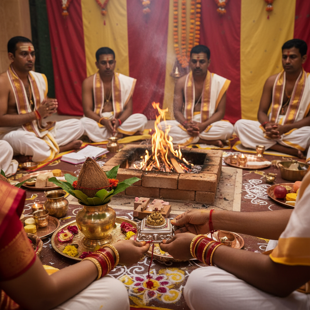 Ark Vivah for Manglik Male, Square image of  Puja with vivah hands and puja kalas  in the background, 4–6 pandits sitting and performing pooja around a havan kund, traditional setup, spiritual atmosphere, high-quality.