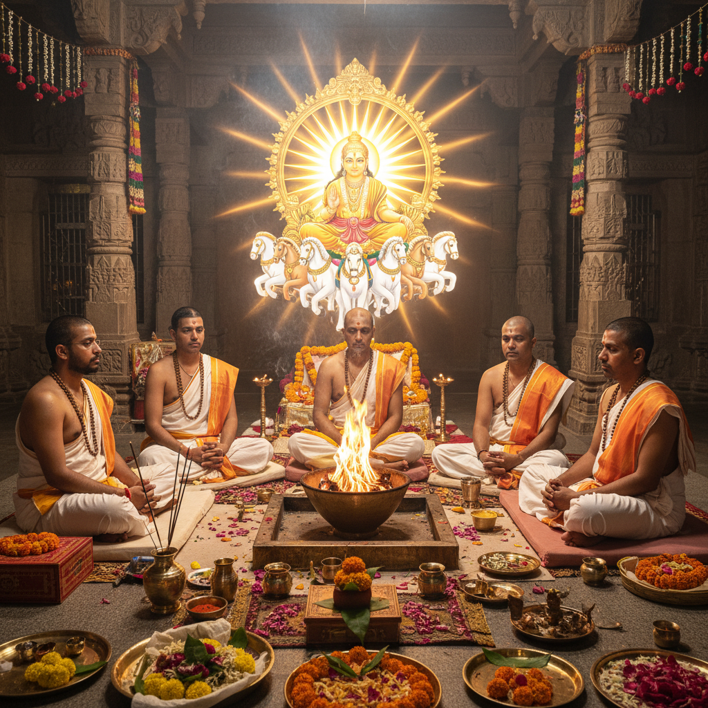 Aruna Prashna (Surya Namaskar) Recitation-5 Priests, Square image of  Puja with specific Lord visuals glowing in the background, 4–6 pandits sitting and performing pooja around a havan kund, traditional setup, spiritual atmosphere, high-quality.
