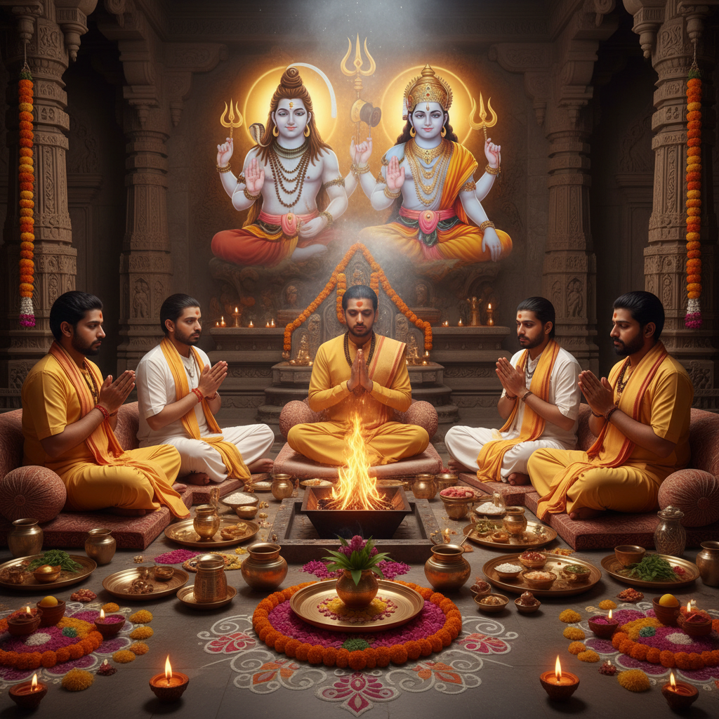 Atiganda Yog Dosha Shanti Puja, “Square image of Puja with specific Lord visuals glowing in the background, 4–6 pandits sitting and performing pooja around a havan kund, traditional setup, spiritual atmosphere, high-quality.”