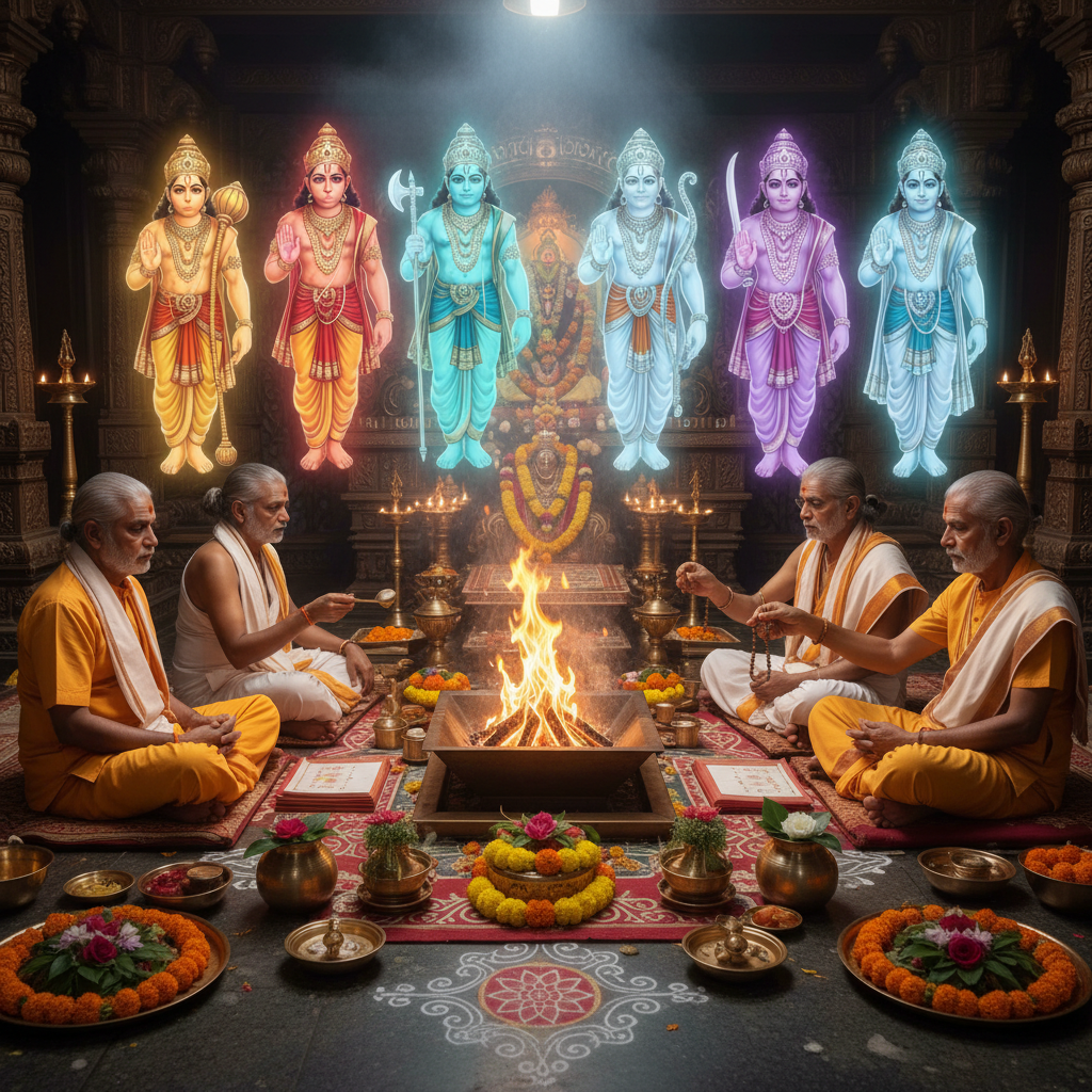Ayush Homam (Ashta Chiranjeevi) Puja and Mantra Japam, Square image of Puja with specific Lord visuals glowing in the background, 4–6 pandits sitting and performing pooja around a havan kund, traditional setup, spiritual atmosphere, high-quality.