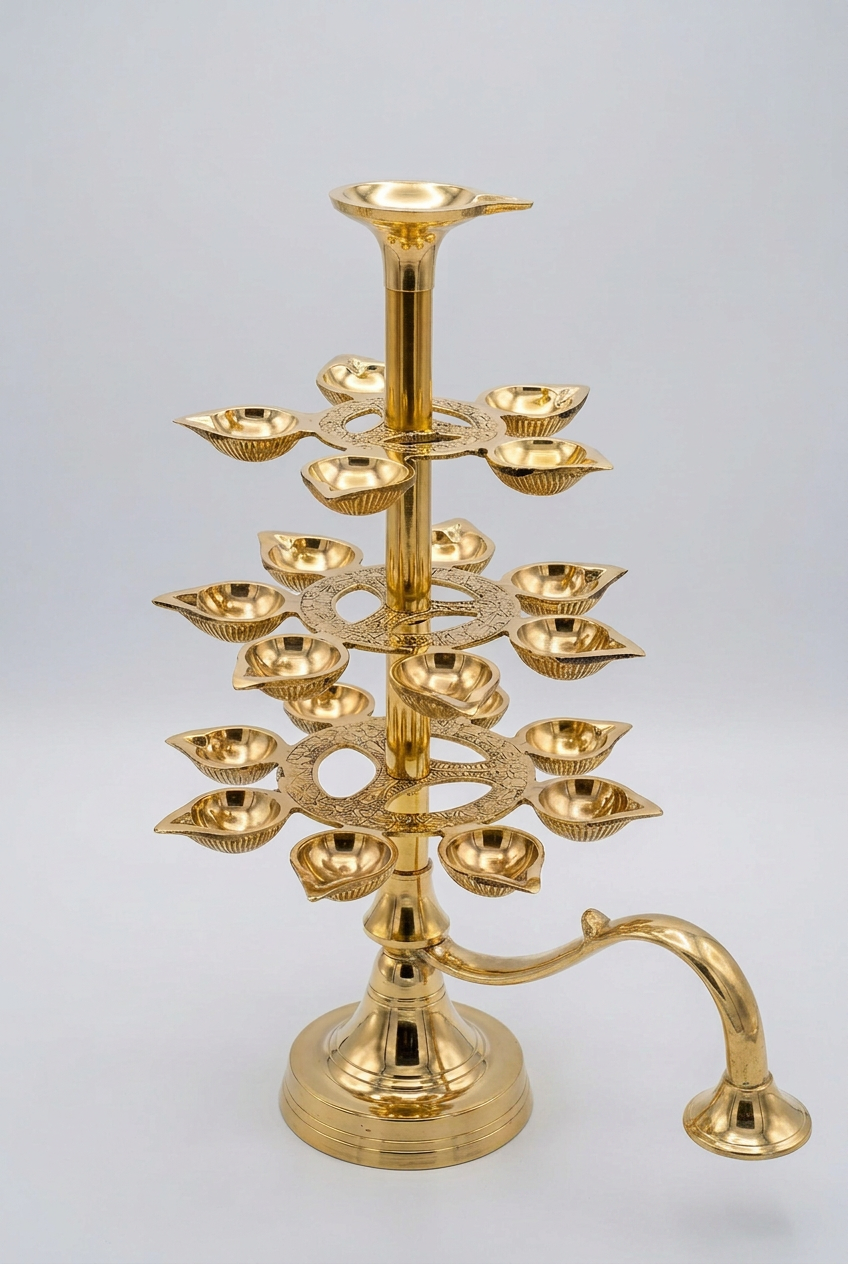 Tiered Aarti Diya Multi Wick Brass Diya Stand for Home Temple and Puja