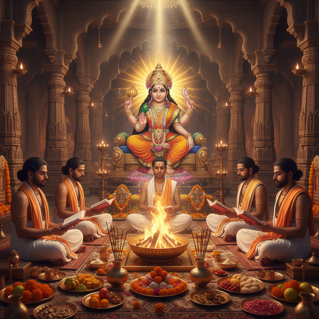 Baglamukhi Puja and Mantra Japa at Vindhyavasini Devi Temple, Square image of  Puja with specific Lord visuals glowing in the background, 4–6 pandits sitting and performing pooja around a havan kund, traditional setup, spiritual atmosphere, high-quality.