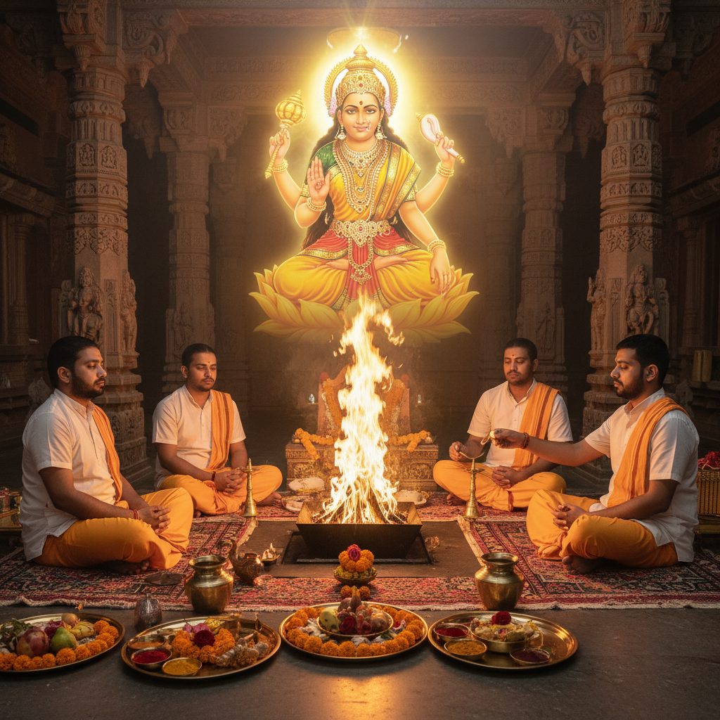 Baglamukhi Puja for Winning a Court Case or Lawsuit, “Square image of Puja with specific Lord visuals glowing in the background, 4–6 pandits sitting and performing pooja around a havan kund, traditional setup, spiritual atmosphere, high-quality.”
