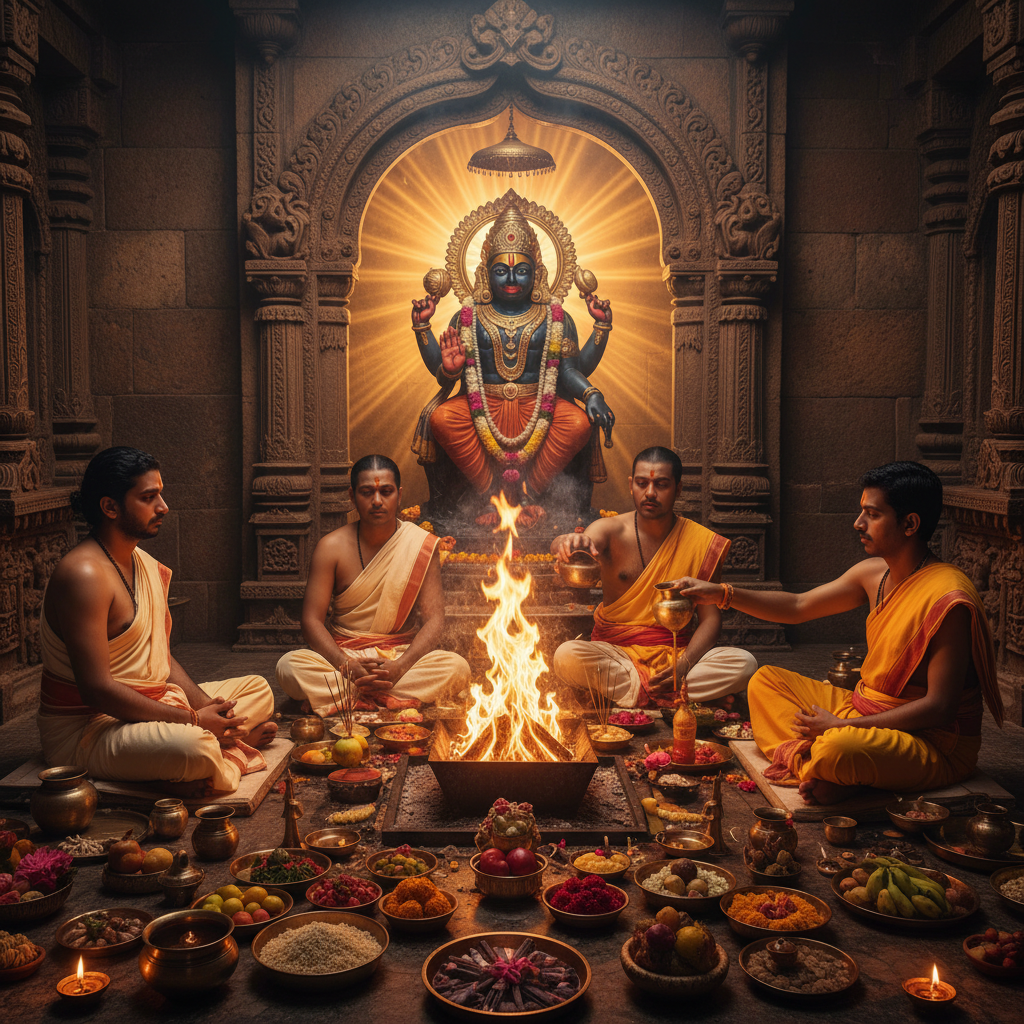 Bhairav Puja with Madira offering at Shree Kaal Bhairav Temple, Ujjain, Square image of Puja with specific Lord visuals glowing in the background, 4–6 pandits sitting and performing pooja around a havan kund, traditional setup, spiritual atmosphere, high-quality.