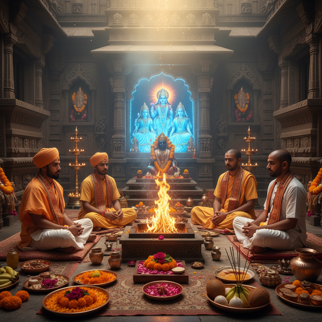 Bhoot Pret Badha Nivaran Puja at Vindhyavasini Temple, Square image of  Puja with specific Lord visuals glowing in the background, 4–6 pandits sitting and performing pooja around a havan kund, traditional setup, spiritual atmosphere, high-quality.