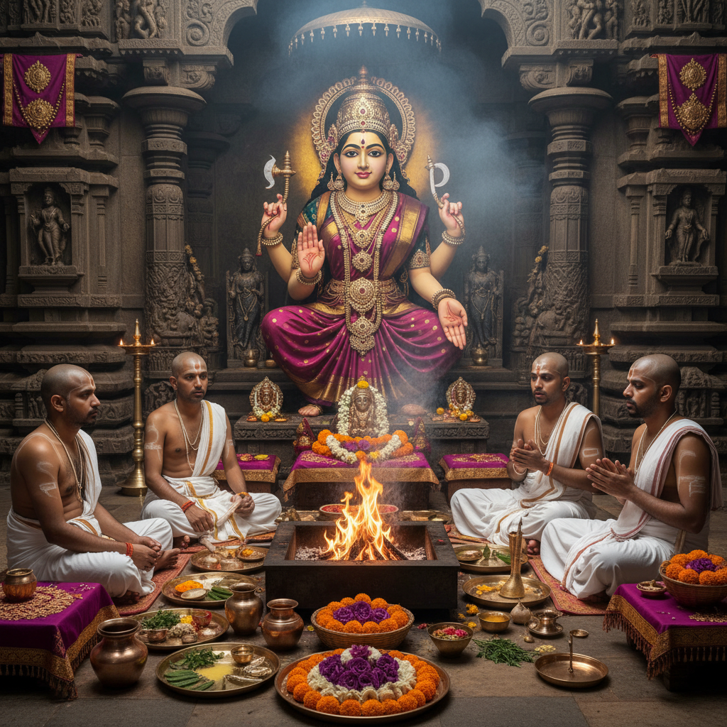 Bhuvaneshvari Devi in bg Puja mantra japa and homa at Kamakhya Temple, 5 pandit, square img
