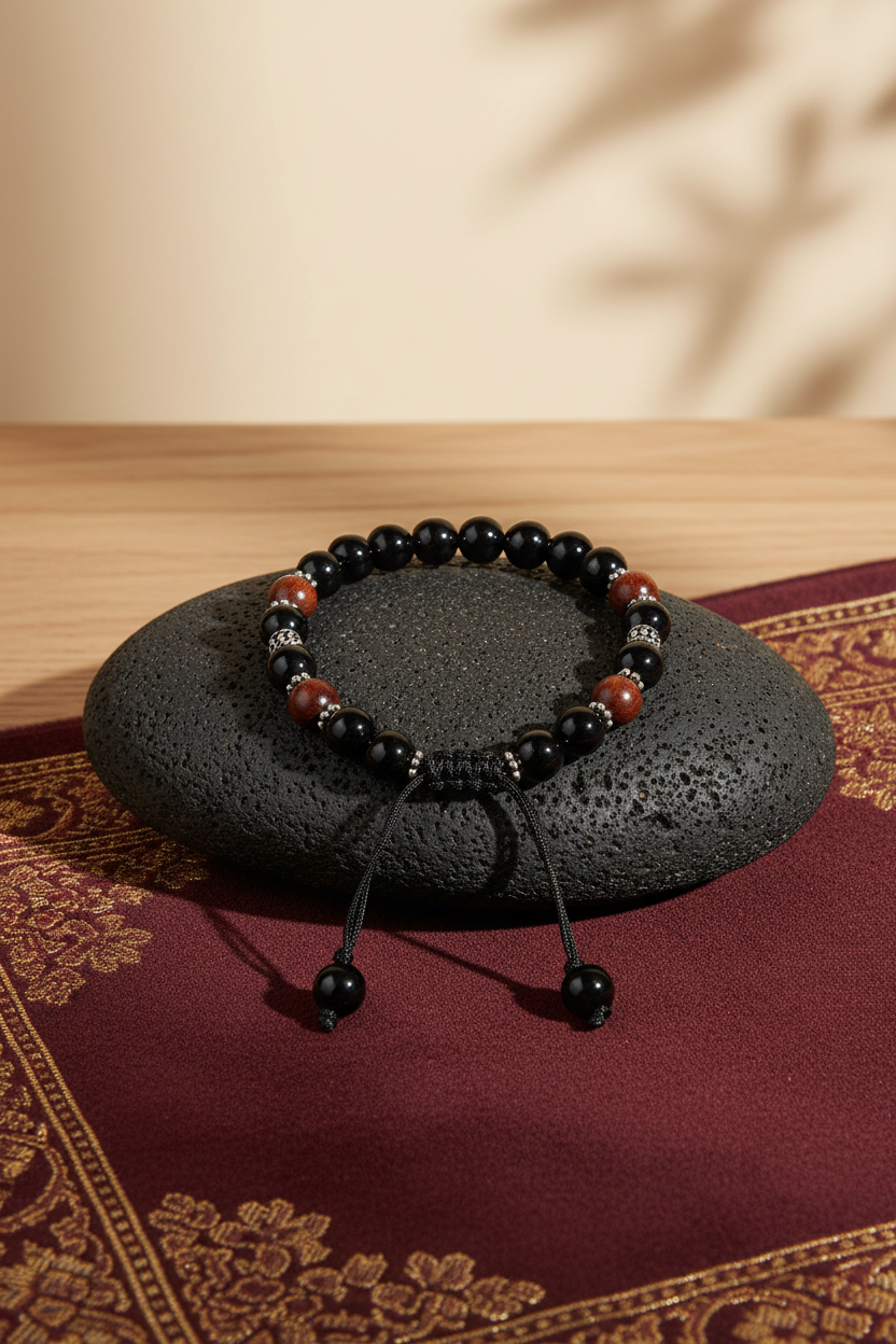 Natural Black Agate & Red Sandalwood Gemstone Bracelet | Healing, Meditation & Positive Energy