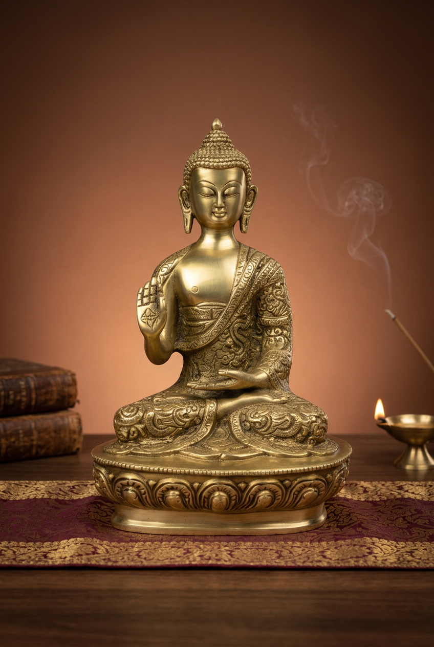 Blessing Gautam Buddha Brass Idol | Handcrafted Abhaya Mudra Murti for Home & Meditation