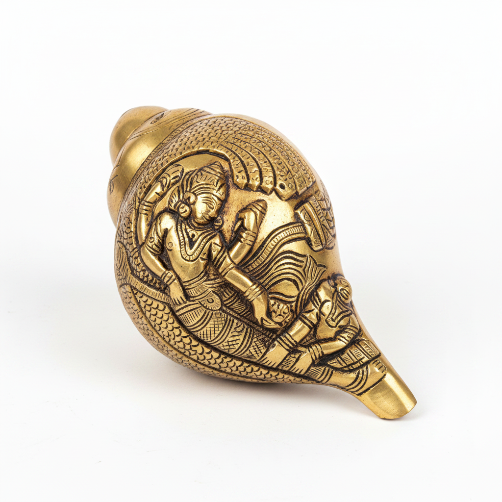 Blowing Brass Shankh With Padmanabha Anant Vishnu and Mor Engraving - White Background