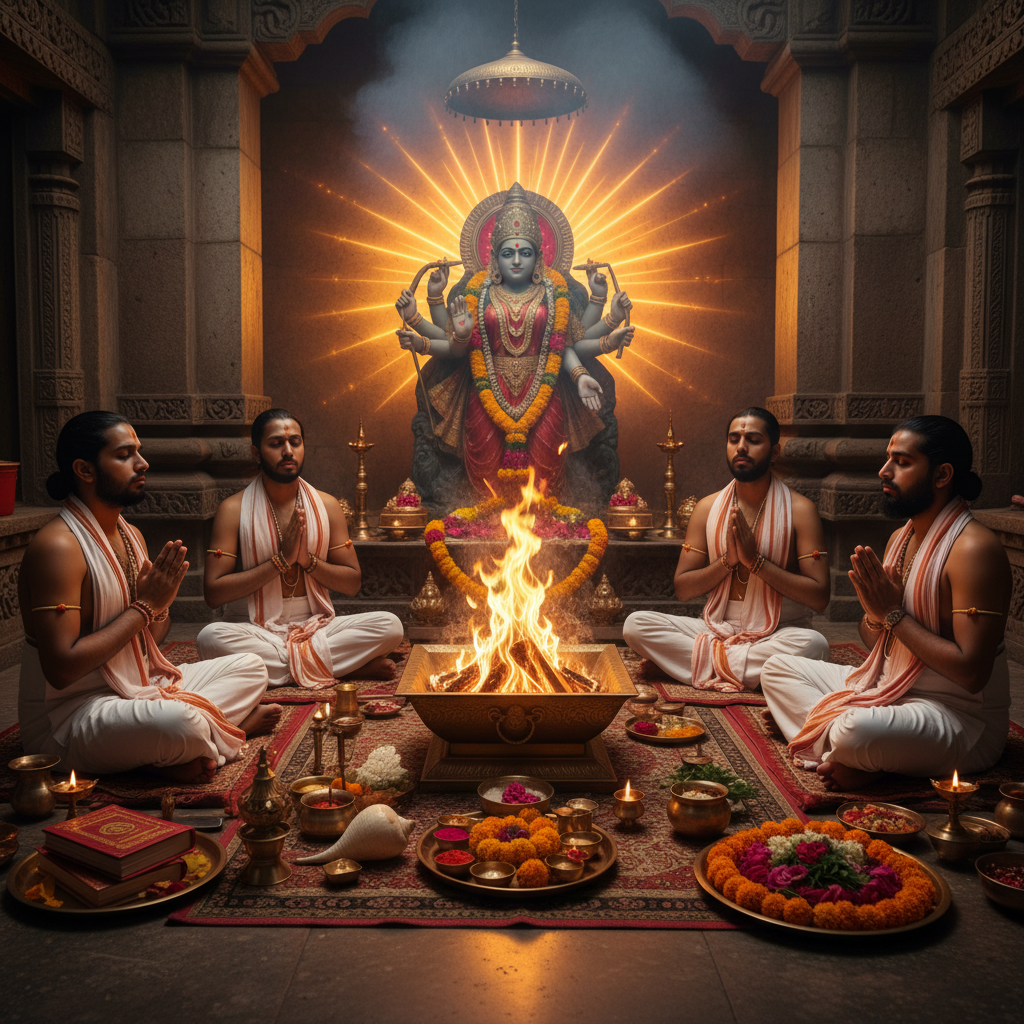 Brahmin Bhoj at Vindhyavasini Devi Temple, Square image of  Puja with specific Lord visuals glowing in the background, 4–6 pandits sitting and performing pooja around a havan kund, traditional setup, spiritual atmosphere, high-quality.
