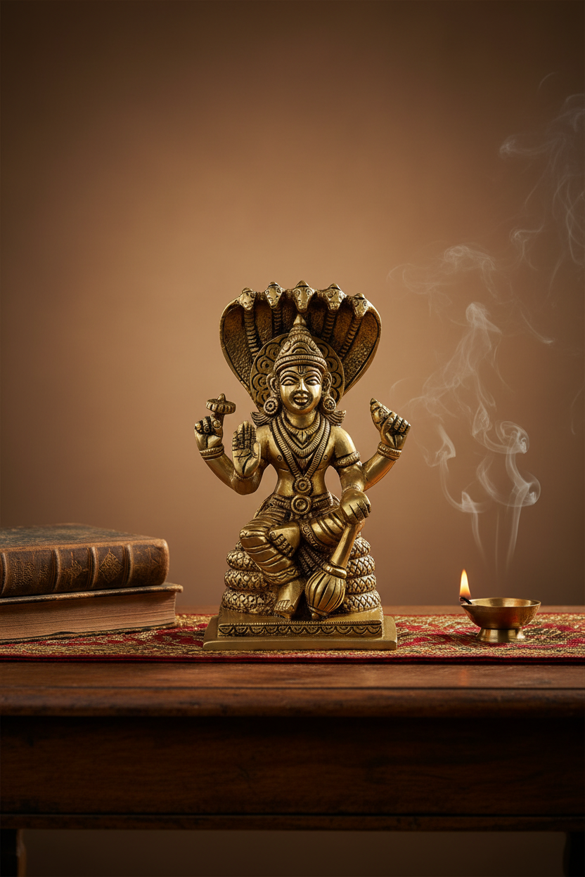 Brass Narayan Idol on Sheshnaag | Sacred Vishnu Statue | Premium Handcrafted Murti - ManiMonk