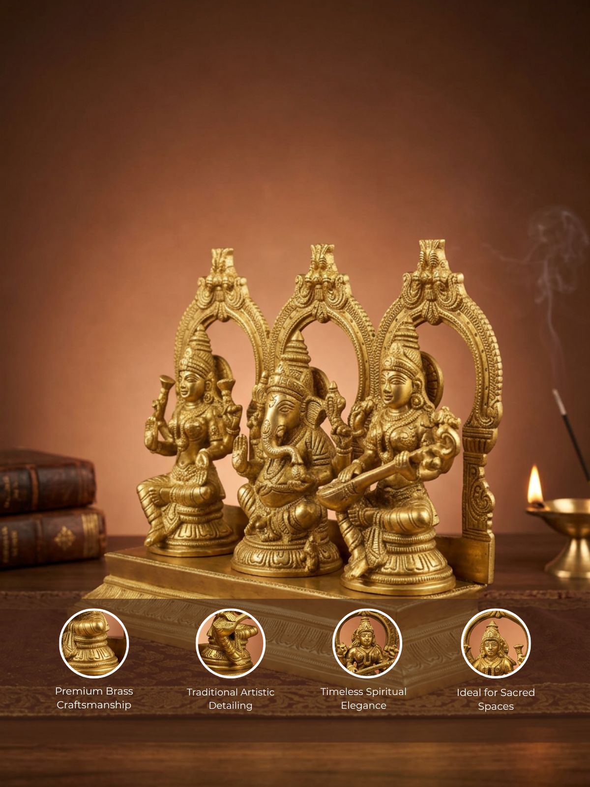 Laxmi Ganesh Saraswati Brass Idol 8.25 Inch Large Murti for Home Temple Puja