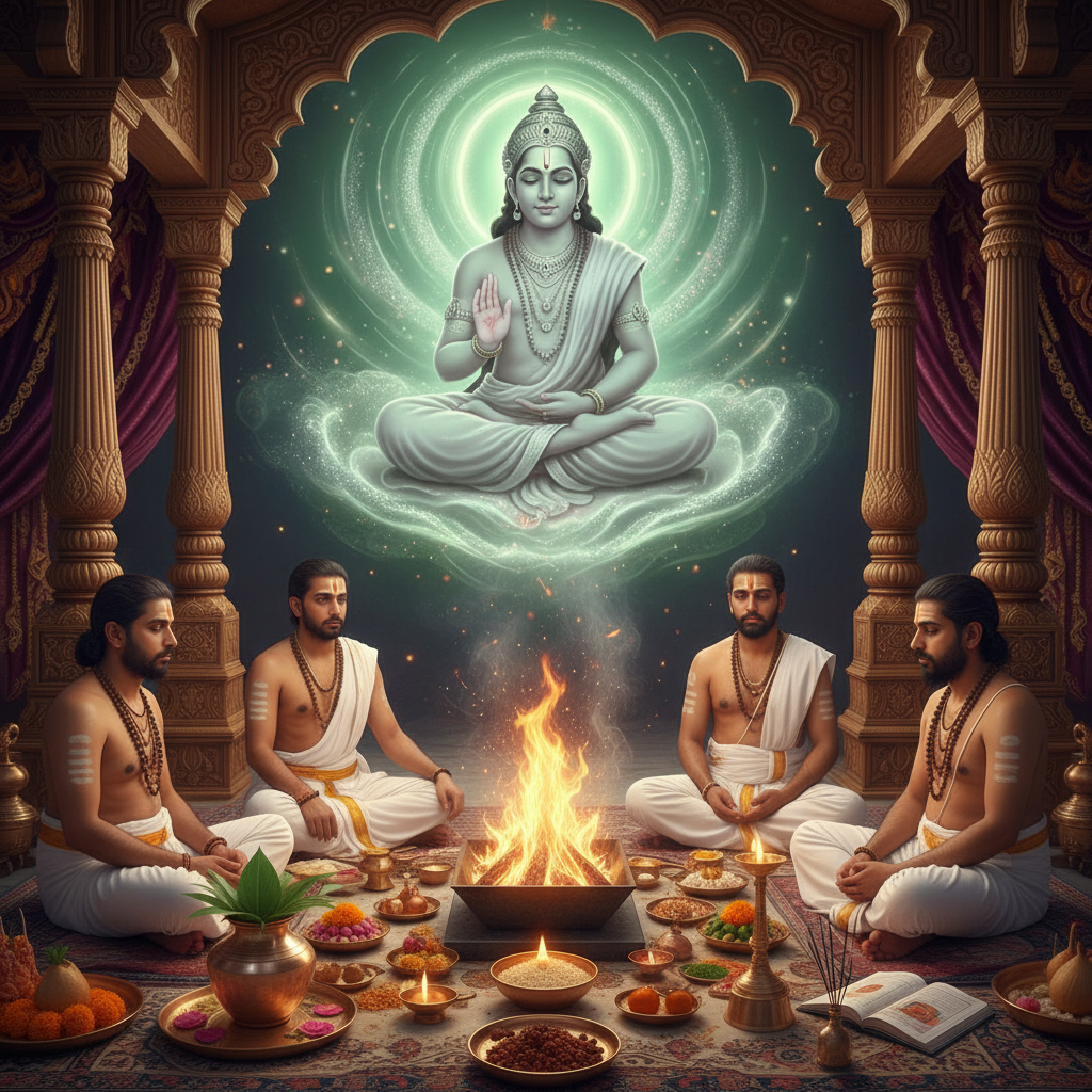 Budha (Mercury) Puja and Jaap-1 Day, Square image of  Puja with specific Lord visuals glowing in the background, 4–6 pandits sitting and performing pooja around a havan kund, traditional setup, spiritual atmosphere, high-quality.