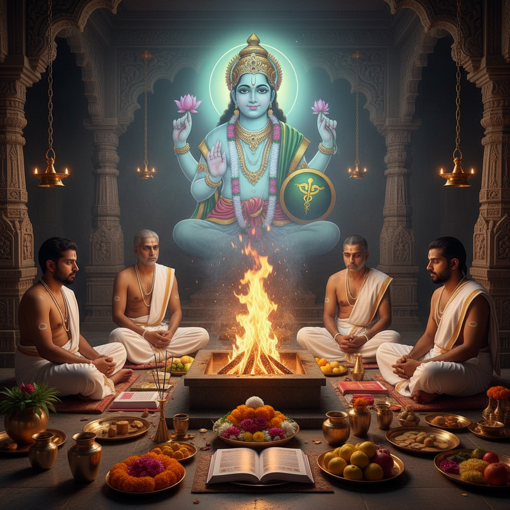 Budha (Mercury) Puja and Jaap,Square image of  Puja with specific Lord visuals glowing in the background, 4–6 pandits sitting and performing pooja around a havan kund, traditional setup, spiritual atmosphere, high-quality.
