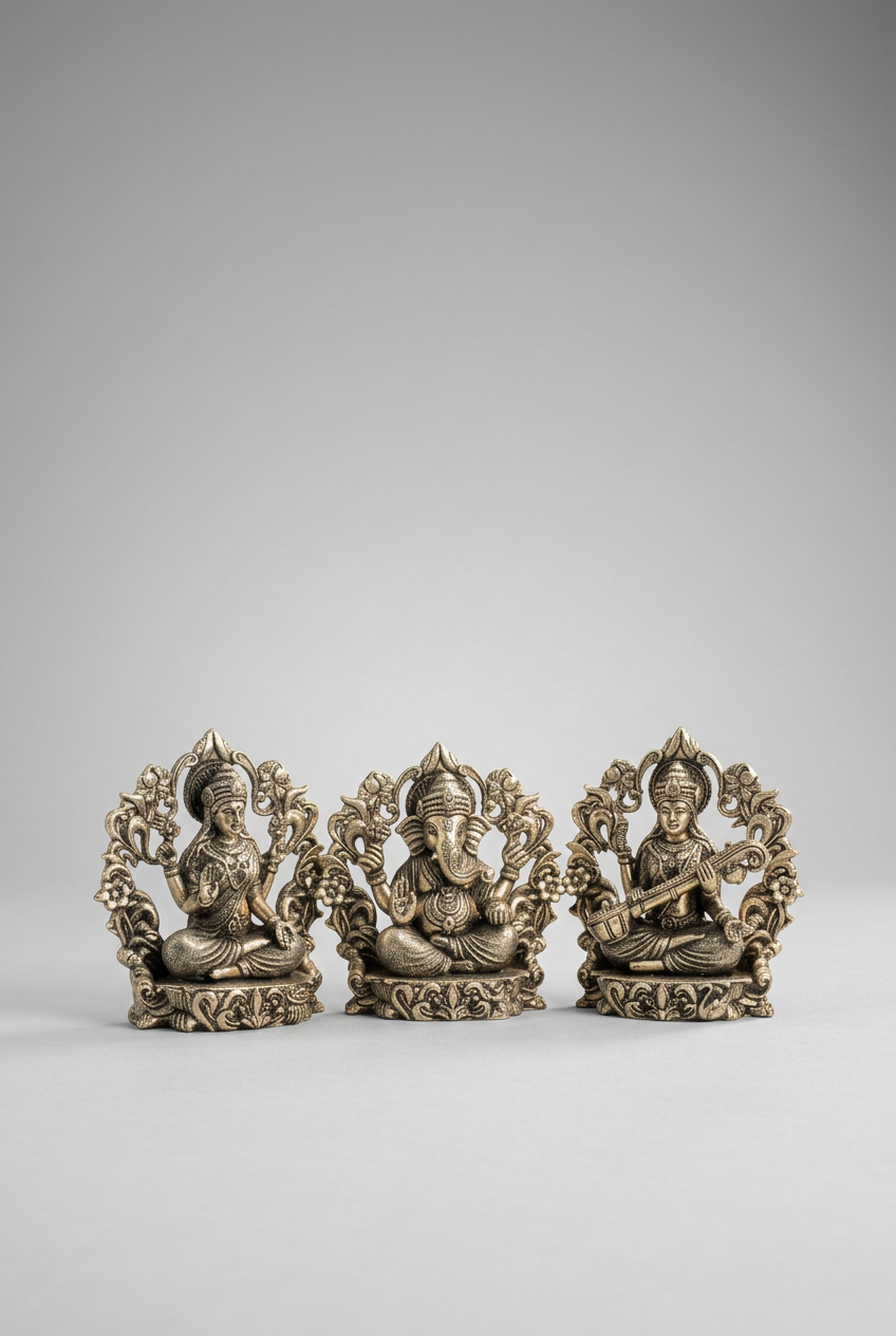 Lakshmi Ganesh Saraswati Floral Frame Ashtadhatu Idols Set Energised Divine Trio