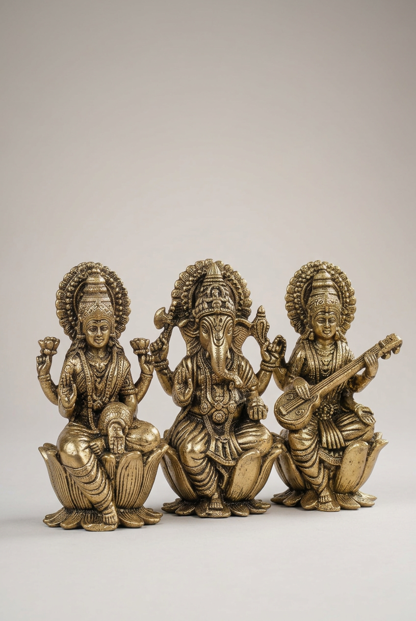 Lakshmi Ganesh Saraswati on Lotus Ashtadhatu Idols Set Energised Trio Murti