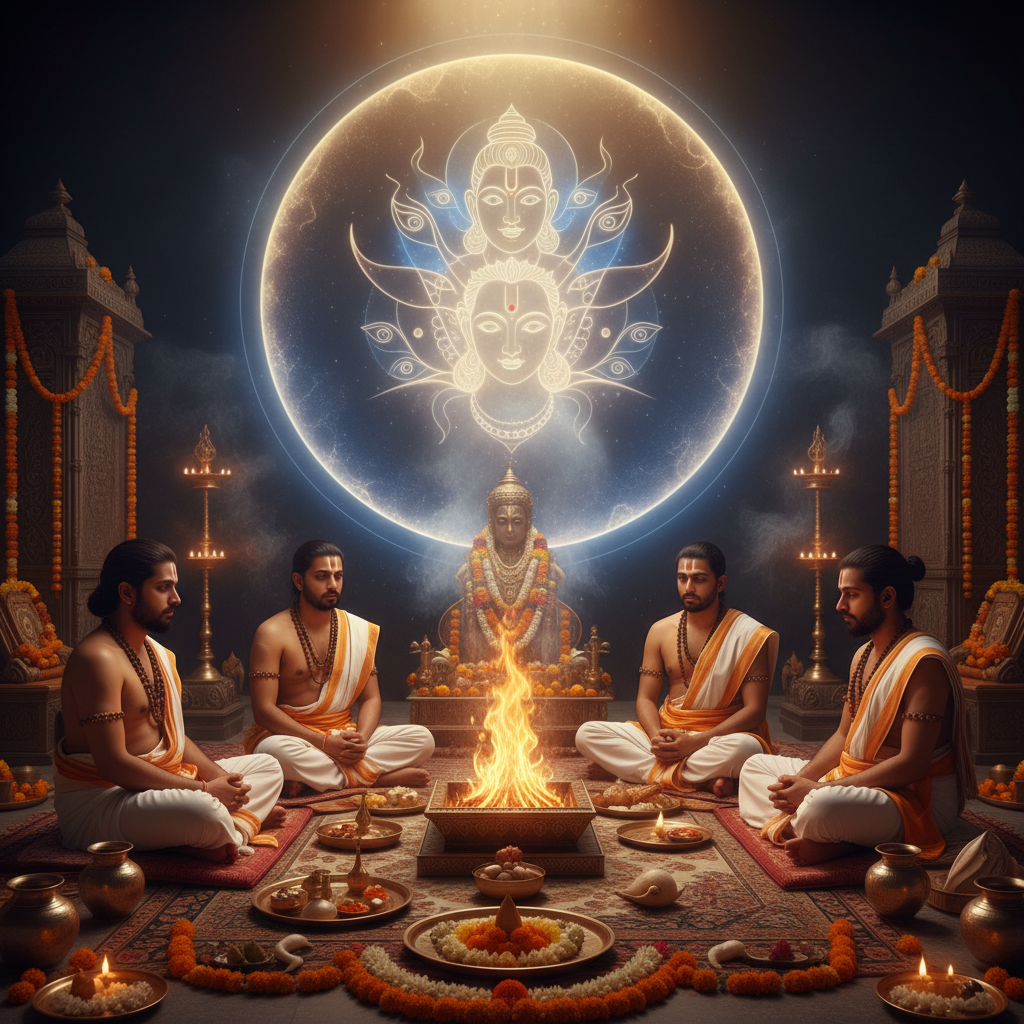 Chakshumati Puja For Eyesight, “Square image of  Puja with specific Lord visuals glowing in the background, 4–6 pandits sitting and performing pooja around a havan kund, traditional setup, spiritual atmosphere, high-quality.”