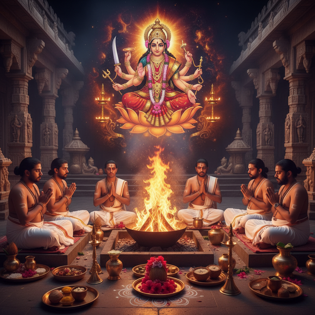 Chandi Homam Night Puja-Samputit Vidhi, Square image of  Puja with specific Lord visuals glowing in the background, 4–6 pandits sitting and performing pooja around a havan kund, traditional setup, spiritual atmosphere, high-quality.