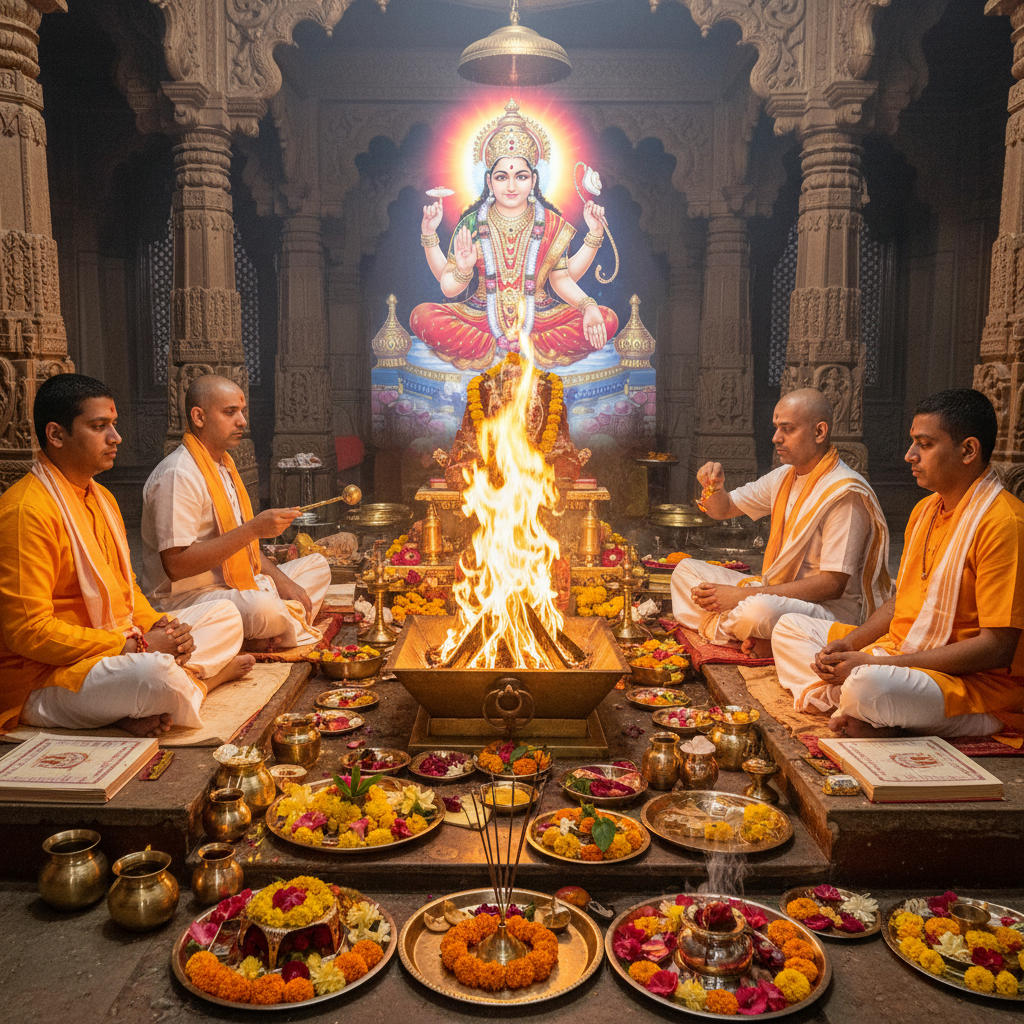 Chandi Path at Lalita Devi Shakti Peeth Temple Prayagraj, Square image of  Puja with specific Lord visuals glowing in the background, 4–6 pandits sitting and performing pooja around a havan kund, traditional setup, spiritual atmosphere, high-quality.