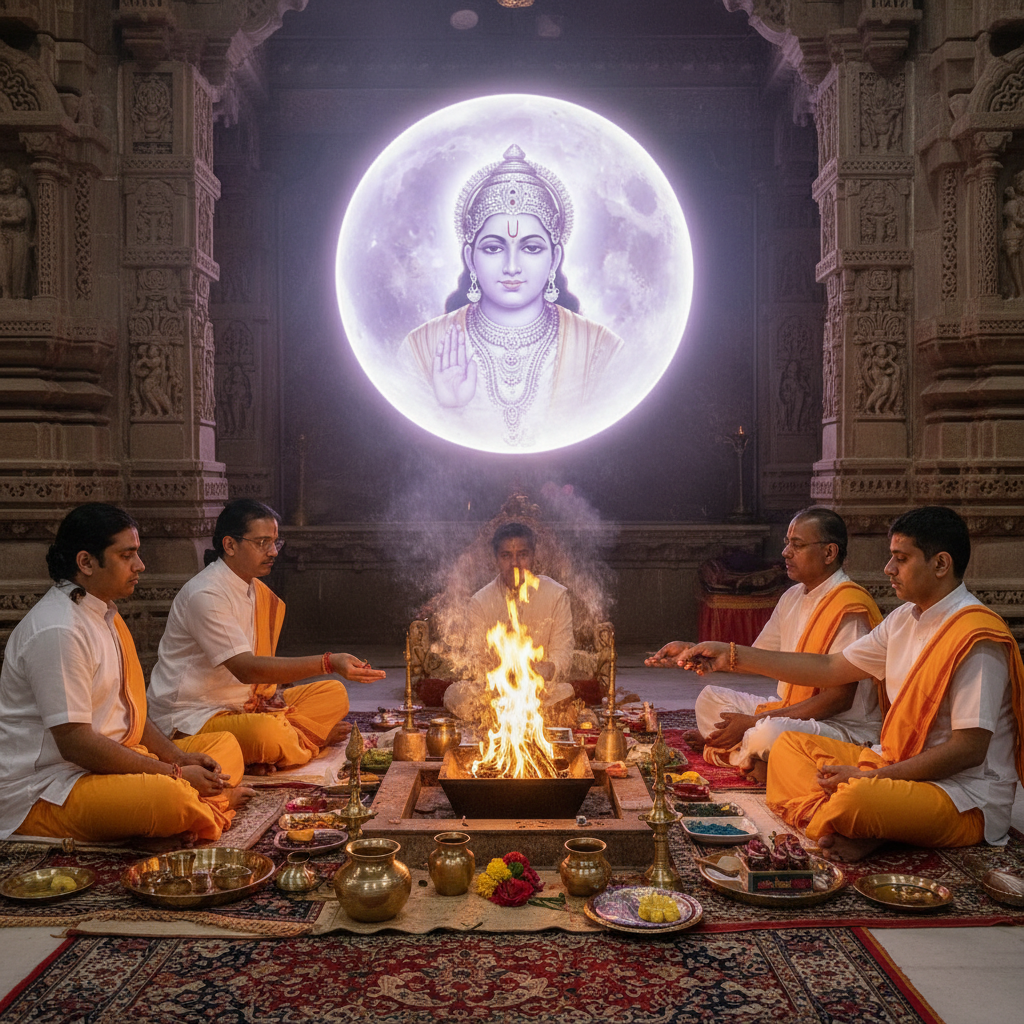 Chandra Grah Dosh Nivaran Puja at Someshwar Mahadev Temple Prayagraj, Square image of  Puja with specific Lord visuals glowing in the background, 4–6 pandits sitting and performing pooja around a havan kund, traditional setup, spiritual atmosphere, high-quality.