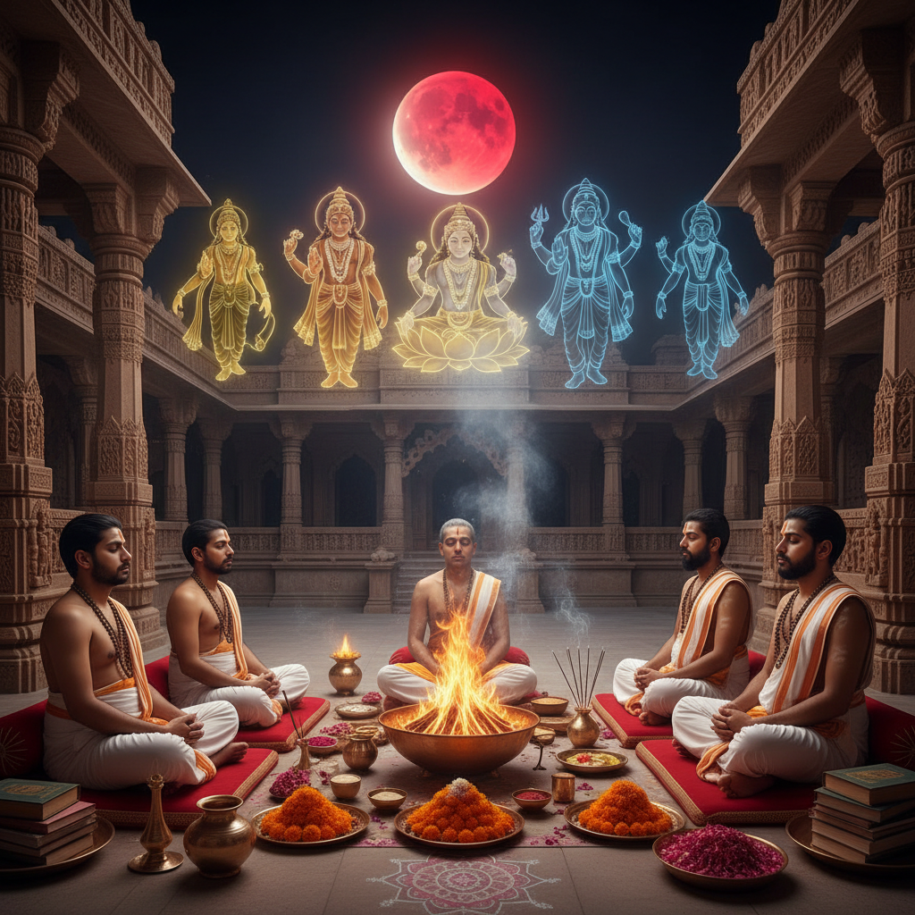 Chandra Grahan (Lunar Eclipse) Puja, Square image of  Puja with specific Lord visuals glowing in the background, 4–6 pandits sitting and performing pooja around a havan kund, traditional setup, spiritual atmosphere, high-quality.