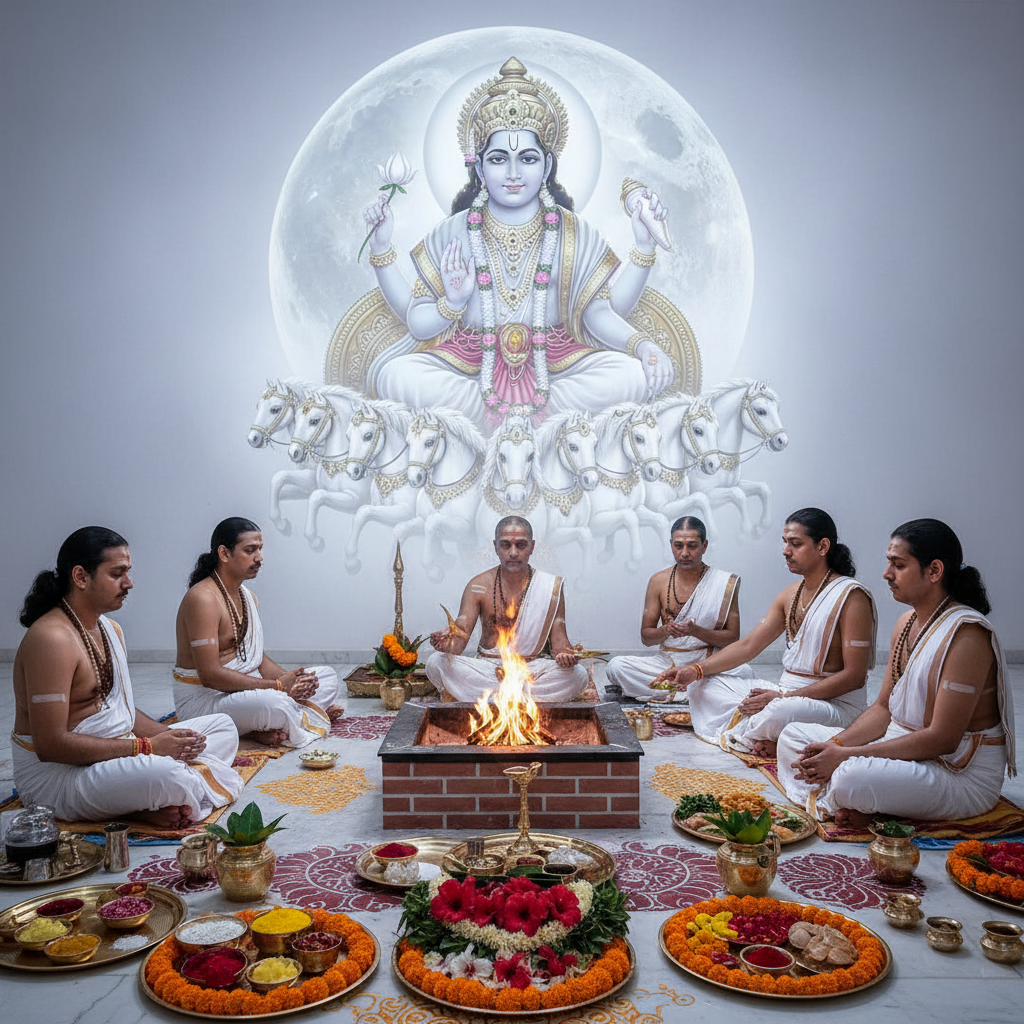 Chandra Moon Grah lord in bg, Puja Mantra Japa and Yagna, 6 pandits, square img 