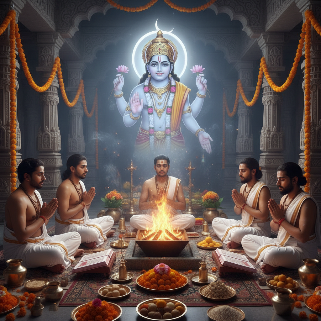 Chandra (Moon) Puja and Jaap, Square image of  Puja with specific Lord visuals glowing in the background, 4–6 pandits sitting and performing pooja around a havan kund, traditional setup, spiritual atmosphere, high-quality.