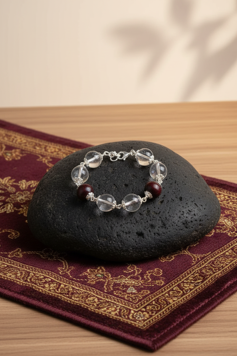 Mani Monk Divine Round Sphatik & Red Sandalwood Bracelet with Silver Caps & Hook – 8 mm