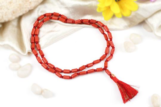Coral Mala Large Cylindrical Beads-108+1 Beads (Thread)