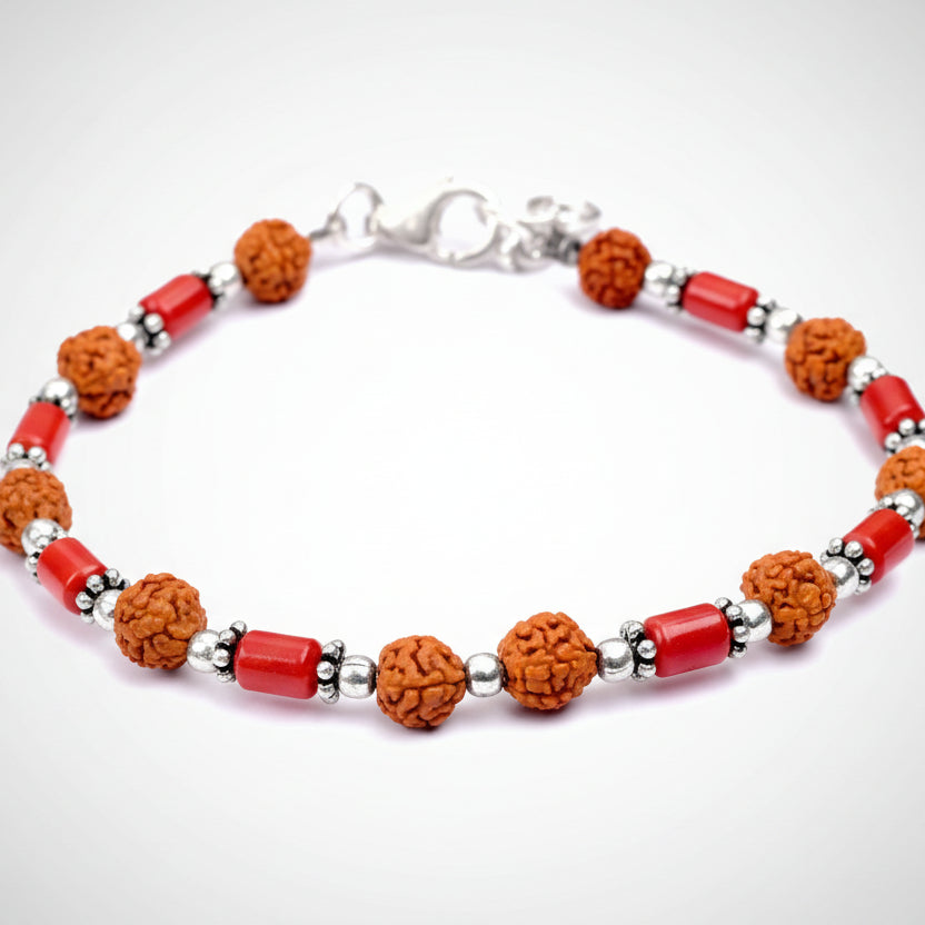 Cylindrical Coral with Rudraksha Beads Bracelet I