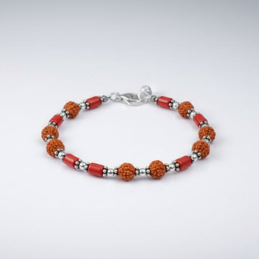 Cylindrical Coral with Rudraksha Beads Bracelet (II)