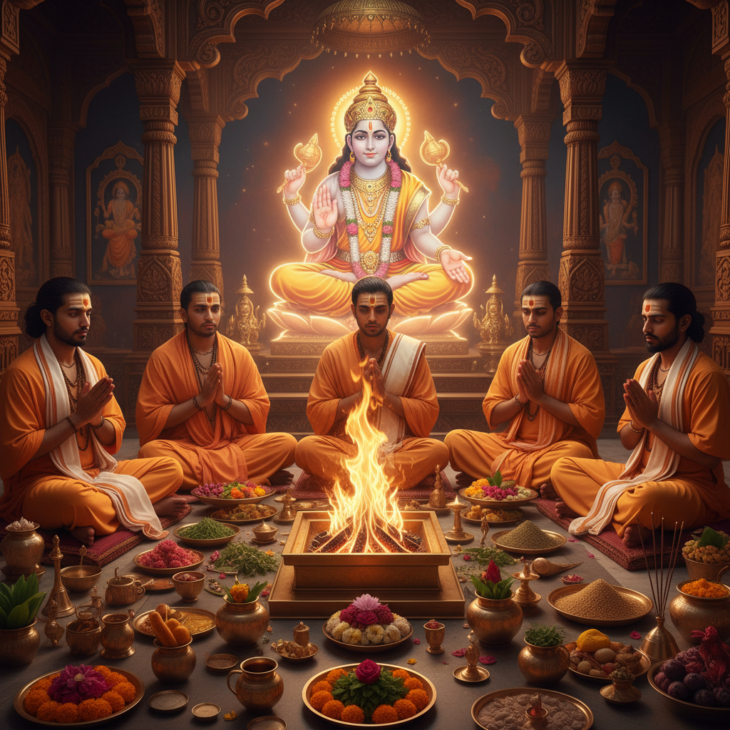 Daily Puja-1 Day, Square image of  Puja with specific Lord visuals glowing in the background, 4–6 pandits sitting and performing pooja around a havan kund, traditional setup, spiritual atmosphere, high-quality.