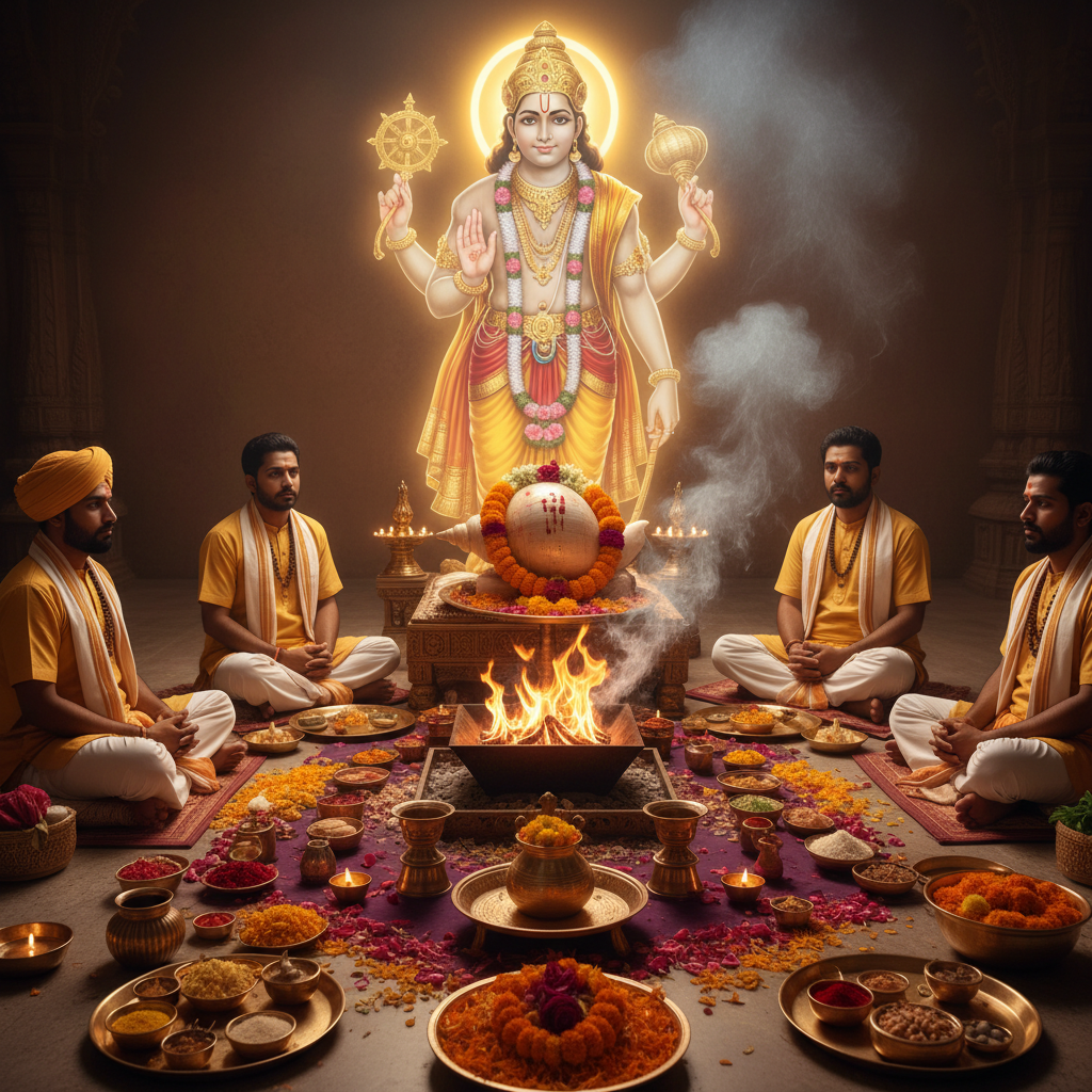 Dakshinavarti Shankh Puja, Square image of  Puja with specific Lord visuals glowing in the background, 4–6 pandits sitting and performing pooja around a havan kund, traditional setup, spiritual atmosphere, high-quality.