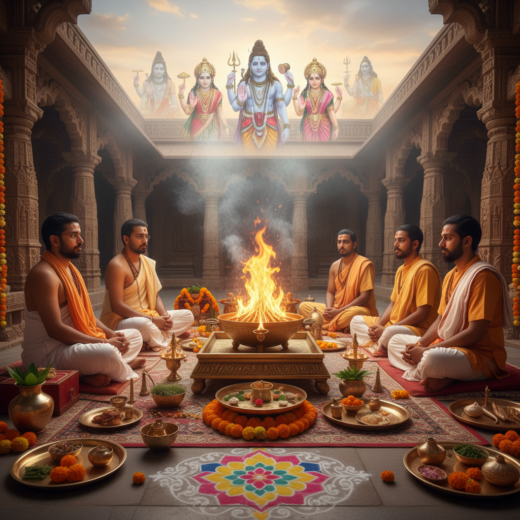 Dampatya Badha Dosh Nivaran Puja, Square image of Puja with specific Lords visuals glowing in the background, 4–6 pandits sitting and performing pooja around a havan kund, traditional setup, spiritual atmosphere, high-quality.