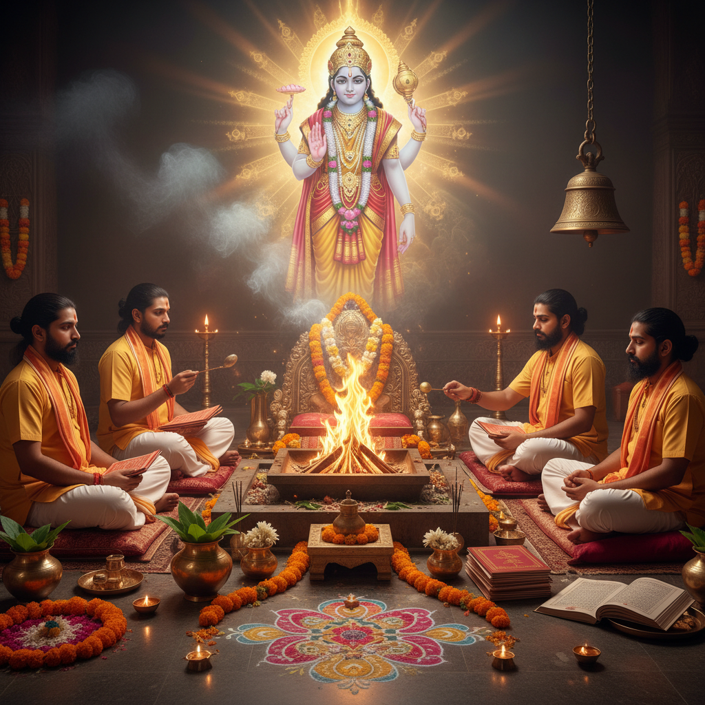 Daridra Yoga Dosh Nivaran Puja, Square image of Daridra Yoga Dosh Nivaran Puja with specific Lord visuals glowing in the background, 4–6 pandits sitting and performing pooja around a havan kund, traditional setup, spiritual atmosphere, high-quality.