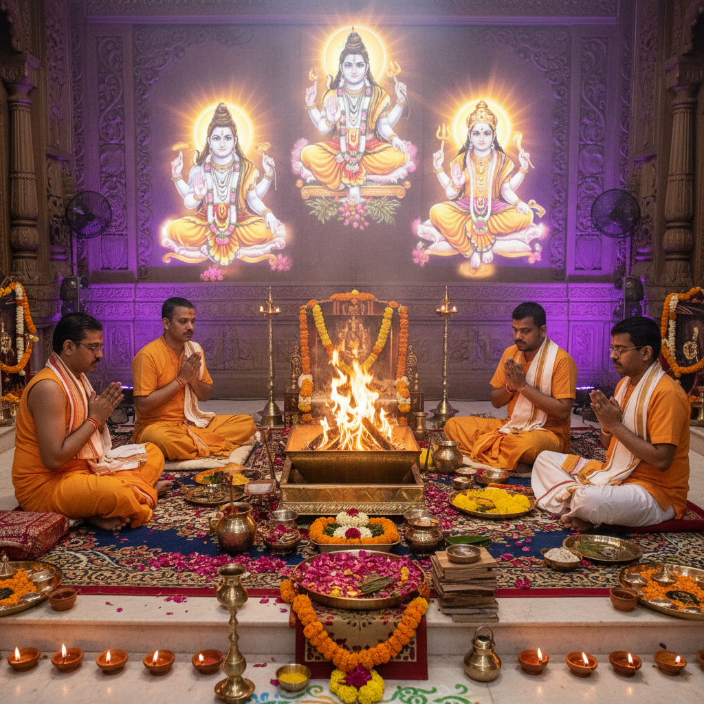 Darsh Amavasya Shanti Puja, Square image of  Puja with specific Lord visuals glowing in the background, 4–6 pandits sitting and performing pooja around a havan kund, traditional setup, spiritual atmosphere, high-quality.