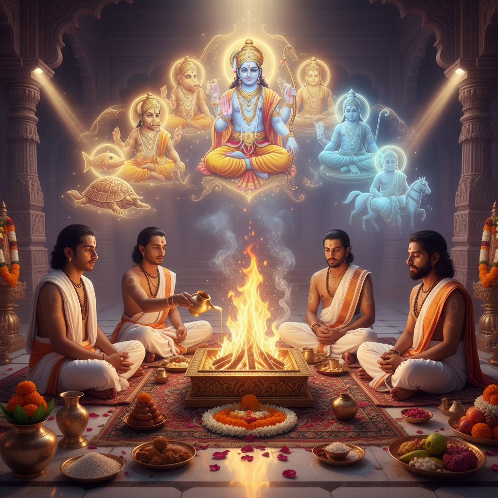 Dashavatar Puja and Yajna-Avatar Specific Puja, Square image of  Puja with specific Lord visuals glowing in the background, 4–6 pandits sitting and performing pooja around a havan kund, traditional setup, spiritual atmosphere, high-quality.