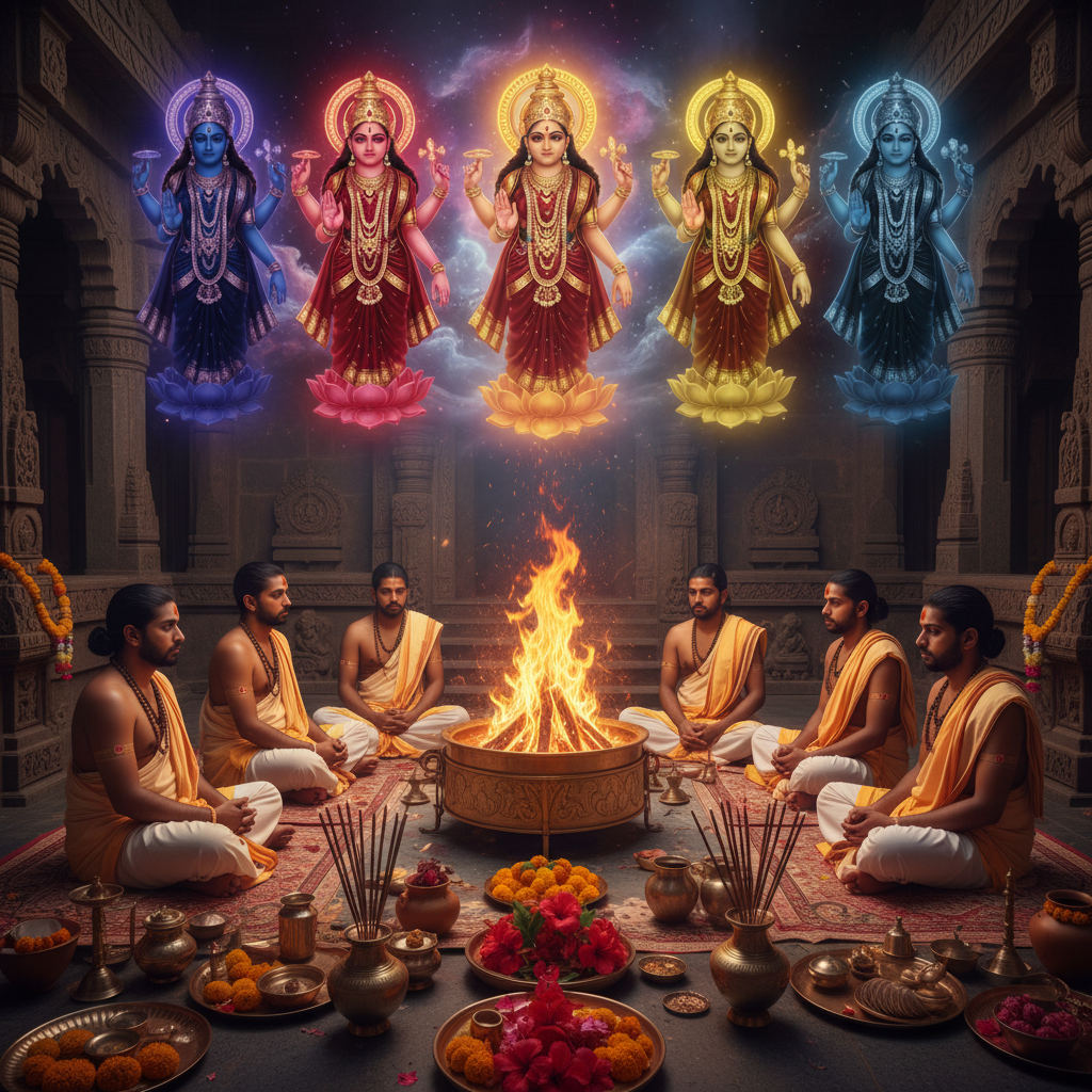 Devi Puja and Havan in day at Kamakhya Temple-Chhinnamasta Devi, Kali devi, tara devi, dhumavati devi, bagalamukhi, blink change gif format in bg, Square image of  Puja with specific Lord visuals glowing in the background, 4–6 pandits sitting and performing pooja around a havan kund, traditional setup, spiritual atmosphere, high-quality.