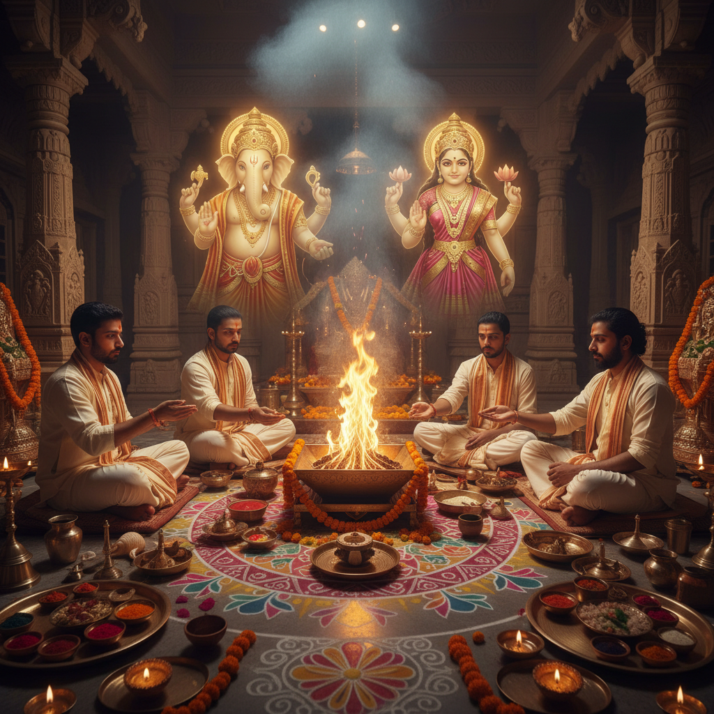 Dhan Akarshan Siddh Puja, Square image of  Puja with specific Lord visuals glowing in the background, 4–6 pandits sitting and performing pooja around a havan kund, traditional setup, spiritual atmosphere, high-quality.