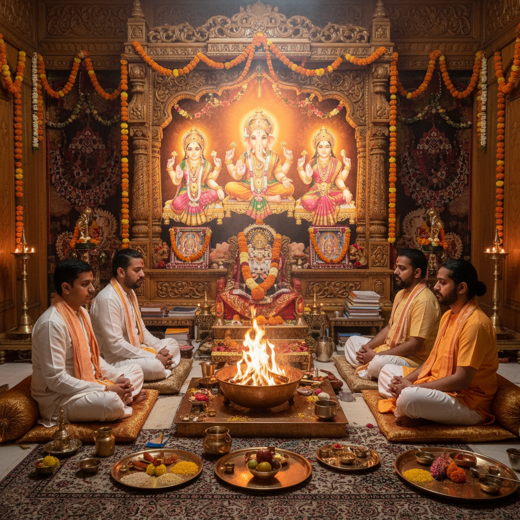 Diwali Puja, “Square image of Puja with specific Lord visuals glowing in the background, 4–6 pandits sitting and performing pooja around a havan kund, traditional setup, spiritual atmosphere, high-quality.”