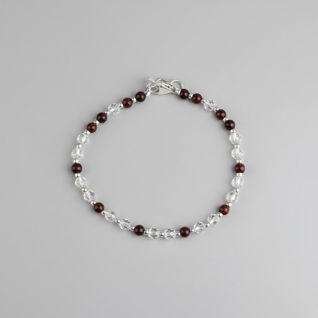 Round Faceted Sphatik & Red Sandalwood Bracelet with Silver Balls & Hook-7 mm