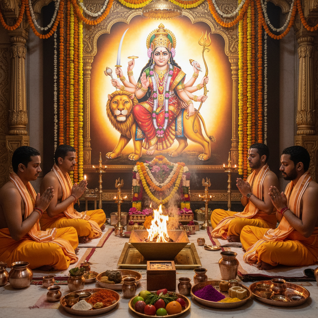 Durga 32 Namavali Puja, Square image of  Puja with specific Lord visuals glowing in the background, 4–6 pandits sitting and performing pooja around a havan kund, traditional setup, spiritual atmosphere, high-quality.