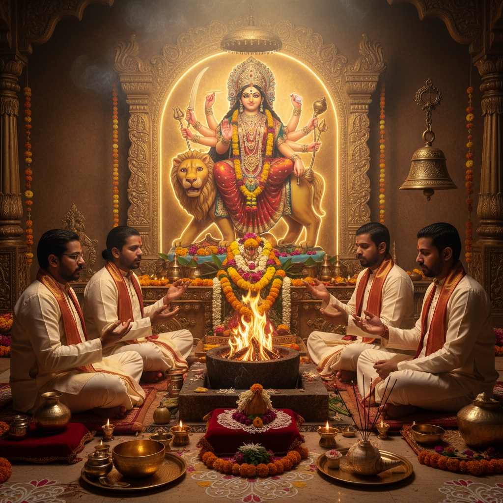 Durga Pooja at Durga Mata mandir, Square image of  Puja with specific Lord visuals glowing in the background, 4–6 pandits sitting and performing pooja around a havan kund, traditional setup, spiritual atmosphere, high-quality.