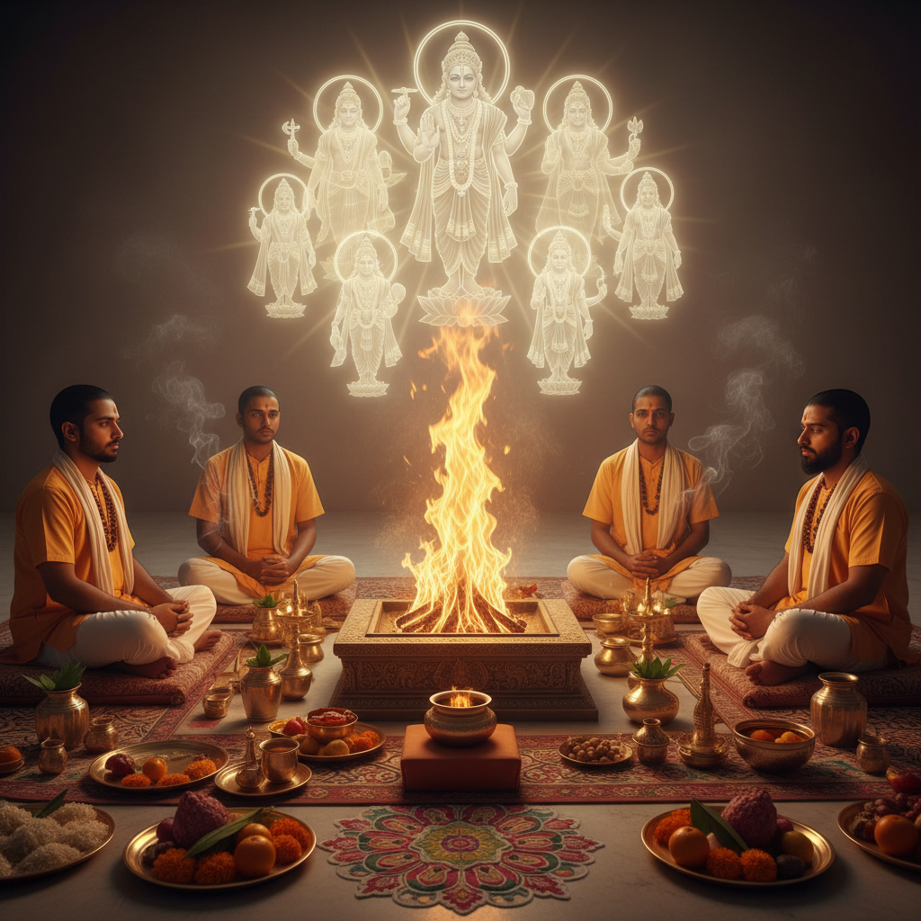 Dus Dikpal Puja Mantra Japa and Yagna, Square image of  Puja with specific Lord visuals glowing in the background, 4–6 pandits sitting and performing pooja around a havan kund, traditional setup, spiritual atmosphere, high-quality.