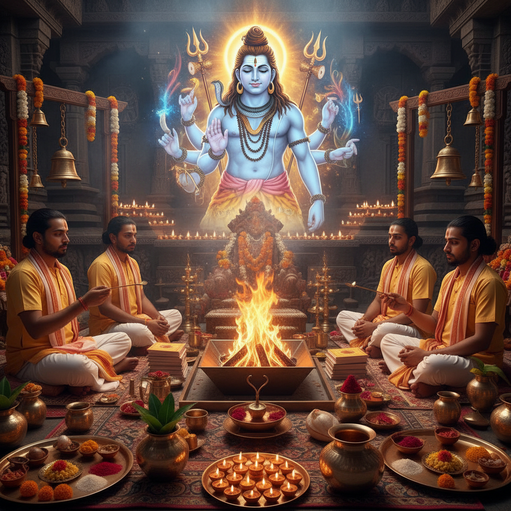 Ekadash Rudra Puja, Square image of  Puja with specific Lord visuals glowing in the background, 4–6 pandits sitting and performing pooja around a havan kund, traditional setup, spiritual atmosphere, high-quality.