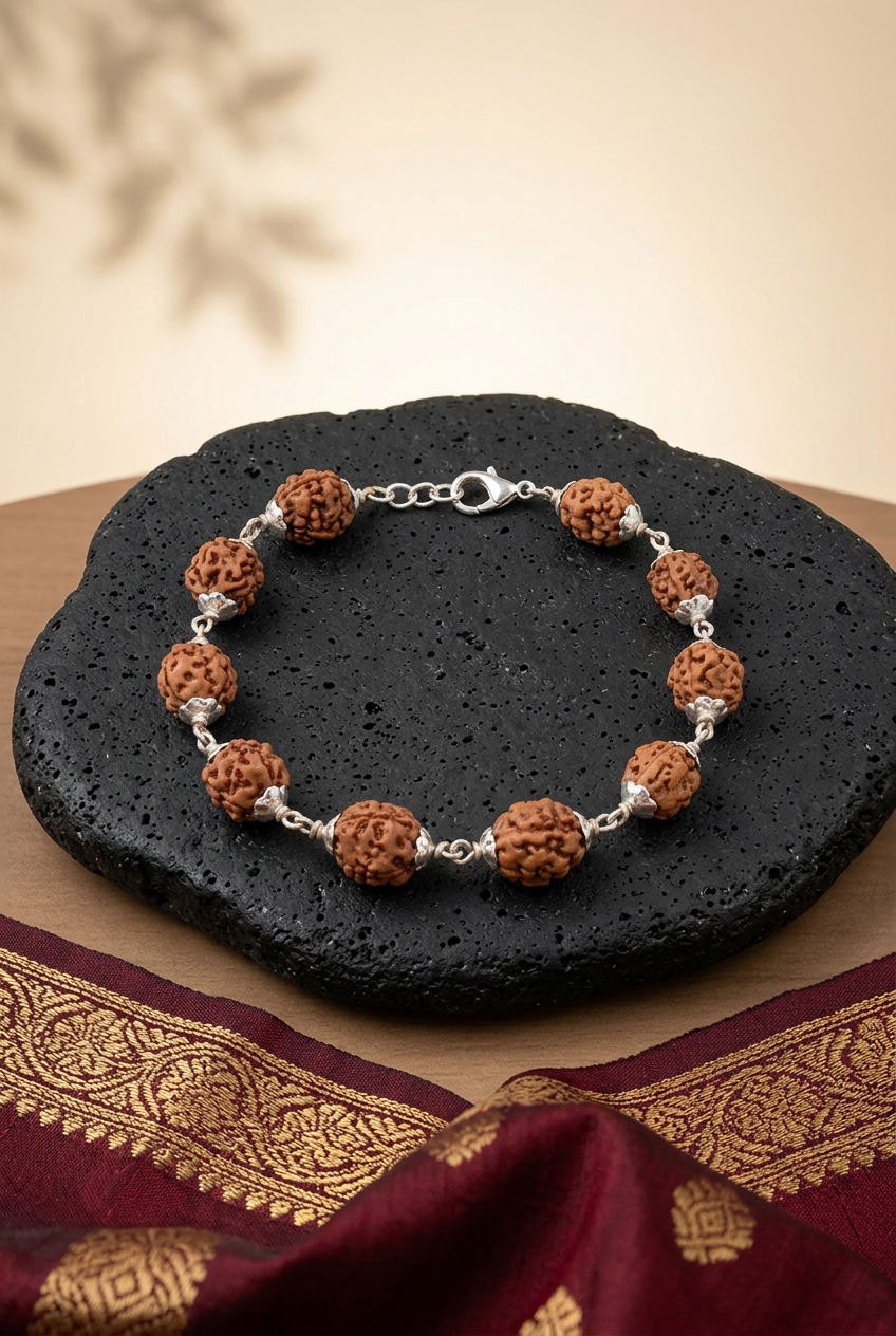 3 Mukhi Rudraksha Bracelet with 925 Sterling Silver Flower Caps – Adjustable Spiritual Bracelet