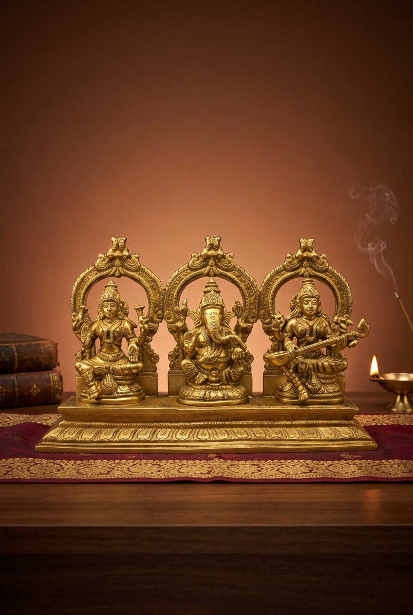 Laxmi Ganesh Saraswati Brass Idol 8.25 Inch Large Murti for Home Temple Puja